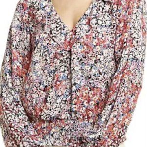 Parker New York Silk Long Moc Wrap Sleeve Floral Ruffle Blouse Blue Pink L
